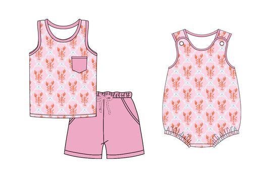 26.1.3 Custom MOQ:3 or 5 pcs each design milk silk Sibling baby girl clothes lobster bow short sleeve shorts sets and romper