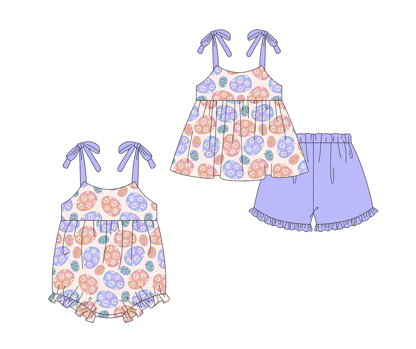 26.1.5 Custom MOQ:3 or 5 pcs each design milk silk Sibling baby girl clothes easter short sleeve shorts sets and romper