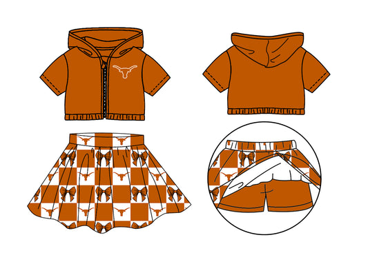 Custom Moq 3 or 5 Team Design Baby Girl Bull Skulls Bows Zipper Hoodie Jackets Skirt Short Team Clothes Sets