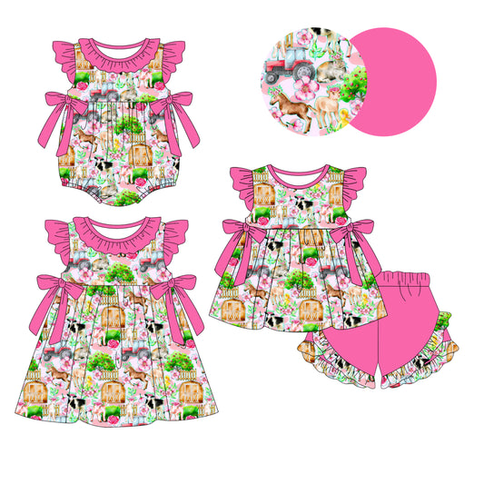 26.1.15 Custom MOQ:3 or 5 pcs each design milk silk Sibling baby girl clothes animal short sleeve shorts sets and dress and romper