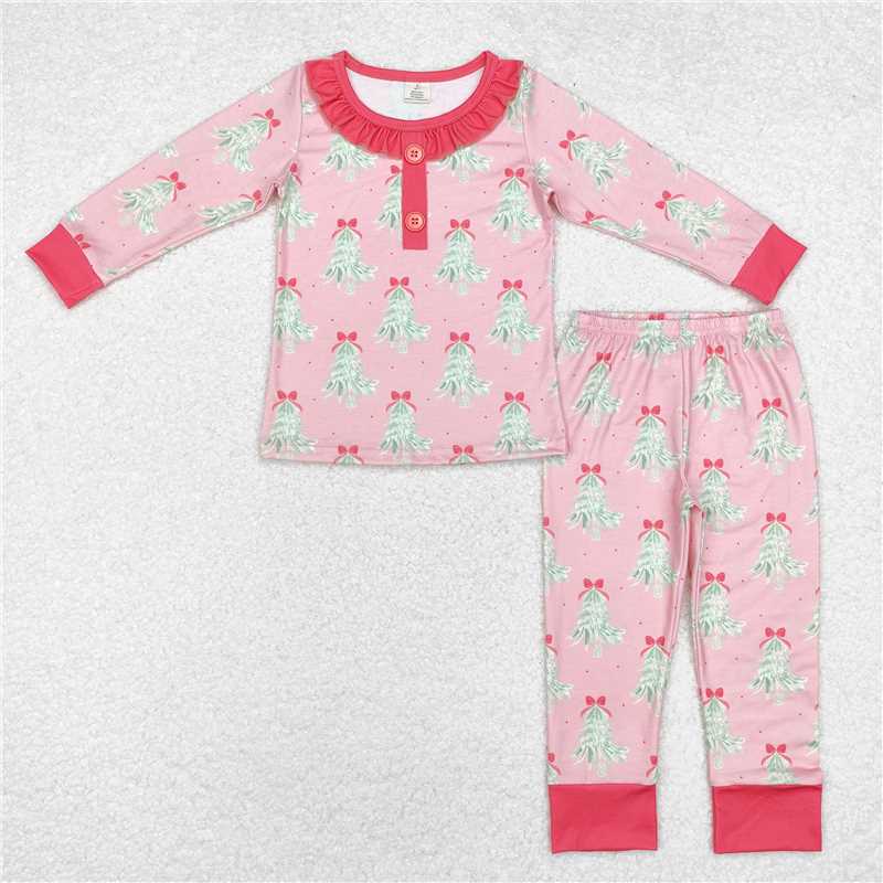 GLP1610 Baby Girls Pink Christmas Trees Top Pants Pajamas Bamboo Clothes Set