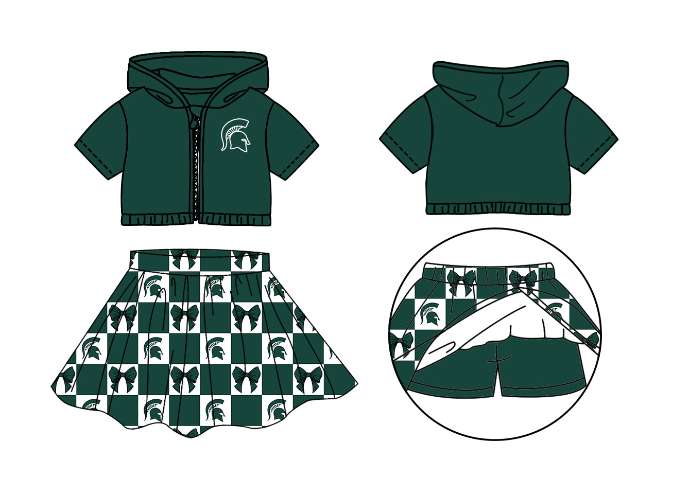 Custom Milk Silk Order MOQ:3 or 5 pcs Each Design Team State Girl Summer Bow Dark Green Zipper Hooded Short Sleeve Short Skirts Sets-26.1.21
