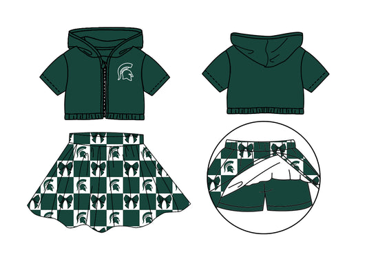 Custom Milk Silk Order MOQ:3 or 5 pcs Each Design Team State Girl Summer Bow Dark Green Zipper Hooded Short Sleeve Short Skirts Sets-26.1.21