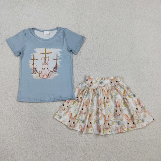 RTS NO MOQ(In Stock) GSD3486 Blue Short-Sleeved Skirt and Pants Set with Cross and Rabbit Design