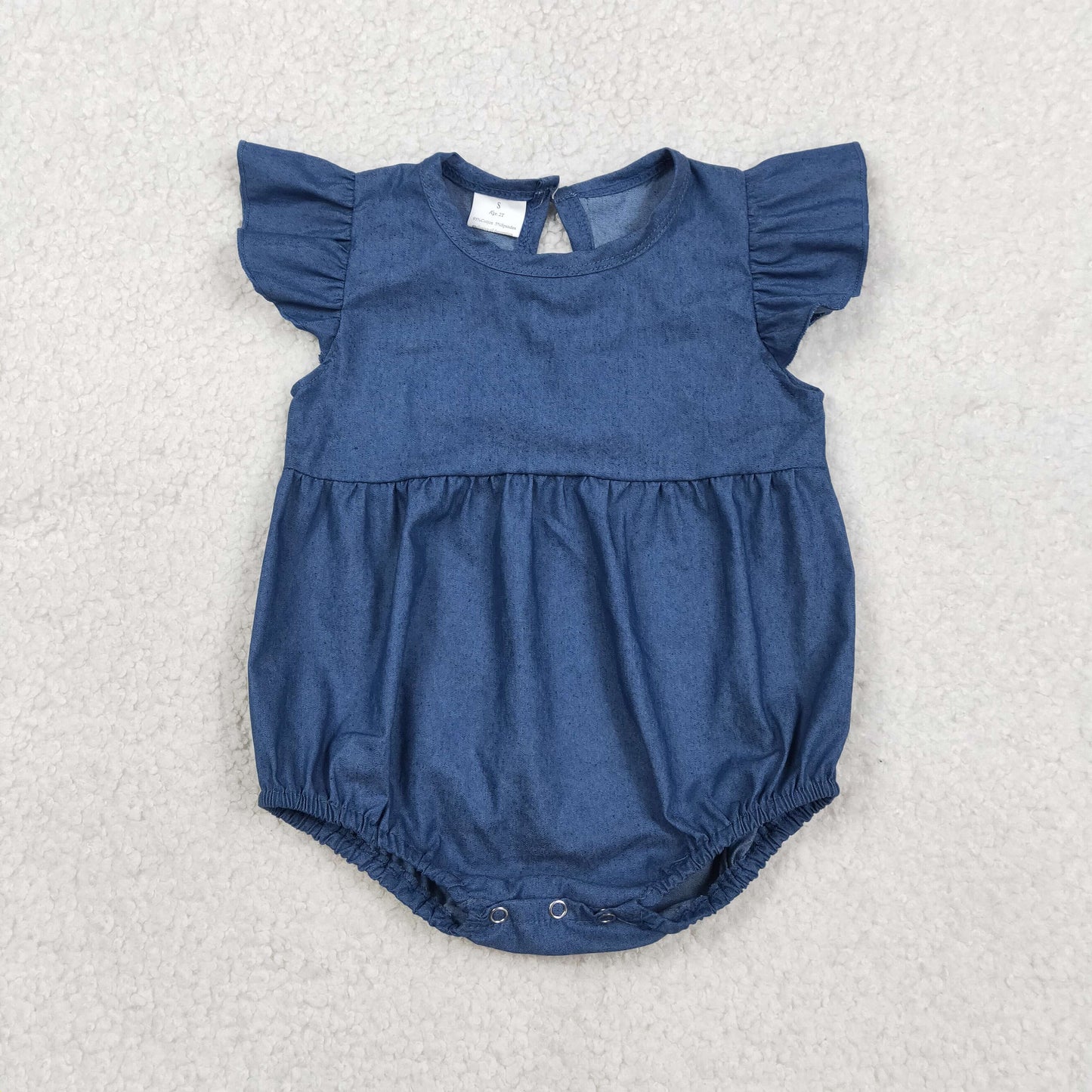 SR3734 Newborn Baby Girl Hot Blue Flutter Sleeve Denim Ruffle Rompers