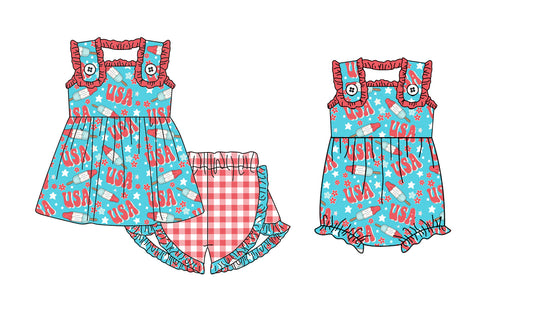 26.1.1 Custom MOQ:3 or 5 pcs each design milk silk Sibling baby girl clothes USA short sleeve shorts sets and romper