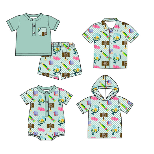26.1.15 Custom MOQ:3 or 5 pcs each design milk silk Sibling baby boy clothes short sleeve shorts sets and tops 2 and romper