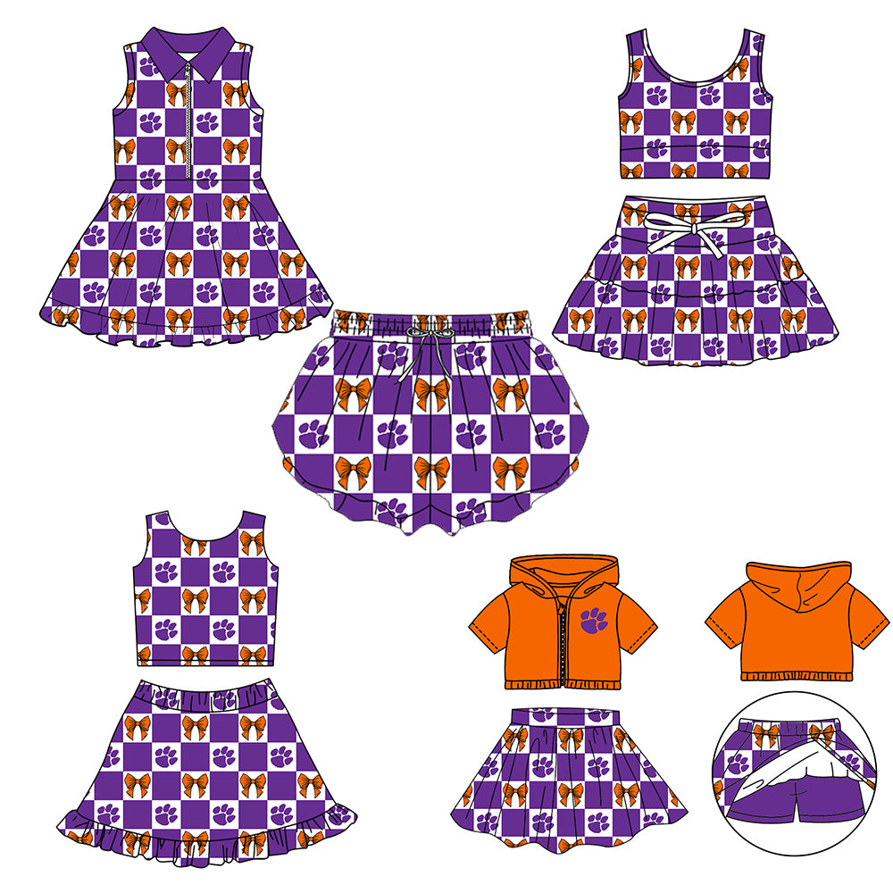 Custom Milk Silk Order MOQ:3 or 5 pcs Each Design Team State Girl Summer Bow Purple Sleeveless Skirts Sets 3 and dress and shorts-26.1.23