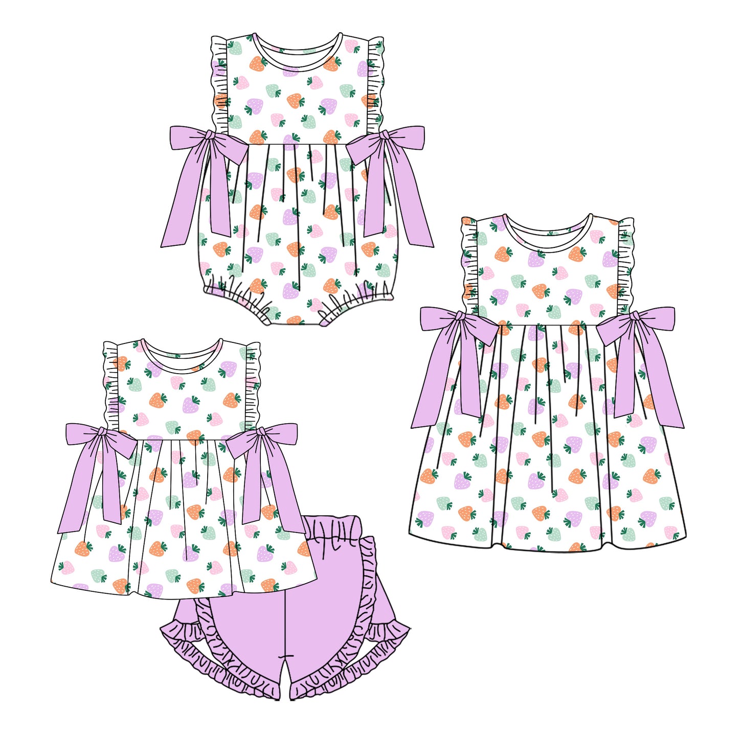 26.1.3 Custom MOQ:3 or 5 pcs each design milk silk Sibling baby girl clothes strawberry short sleeve shorts sets and dress and romper