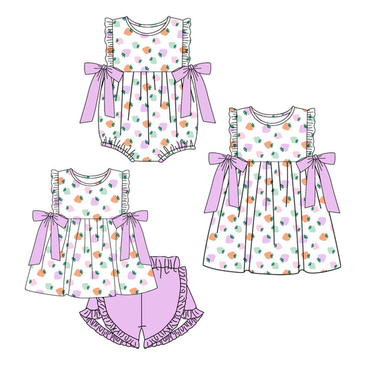 26.1.3 Custom MOQ:3 or 5 pcs each design milk silk Sibling baby girl clothes strawberry short sleeve shorts sets and dress and romper