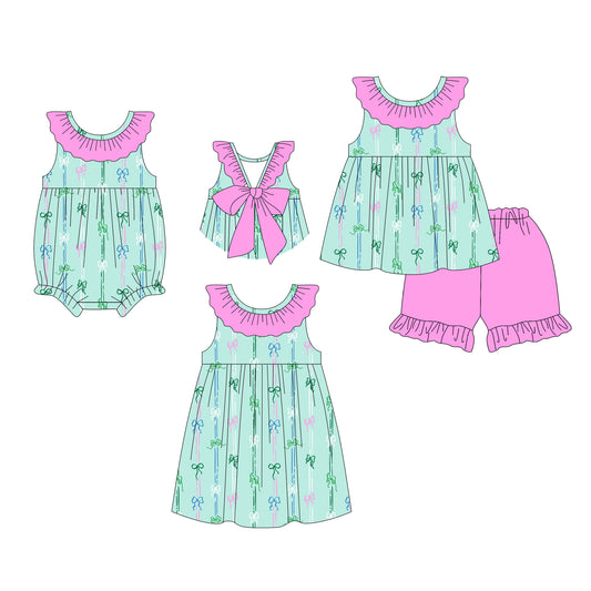 26.1.9 Custom MOQ:3 or 5 pcs each design milk silk Sibling baby girl clothes bow short sleeve shorts sets and dress and romper