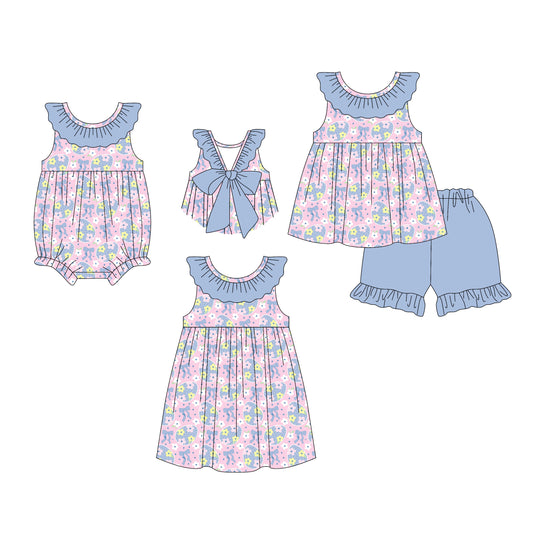 26.1.5 Custom MOQ:3 or 5 pcs each design milk silk Sibling baby girl clothes easter bow floral short sleeve shorts sets and dress and romper