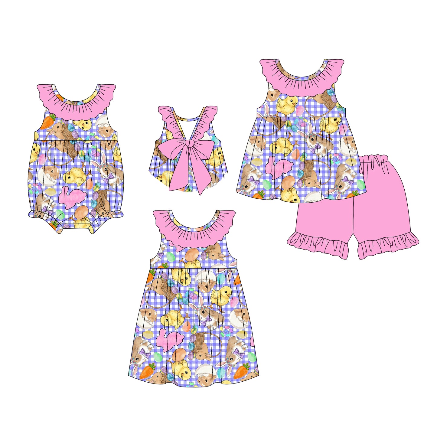 26.1.2 Custom MOQ:3 or 5 pcs each design milk silk Sibling baby girl clothes easter short sleeve shorts sets and dress and romper