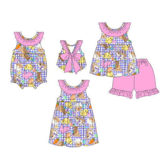 26.1.2 Custom MOQ:3 or 5 pcs each design milk silk Sibling baby girl clothes easter short sleeve shorts sets and dress and romper