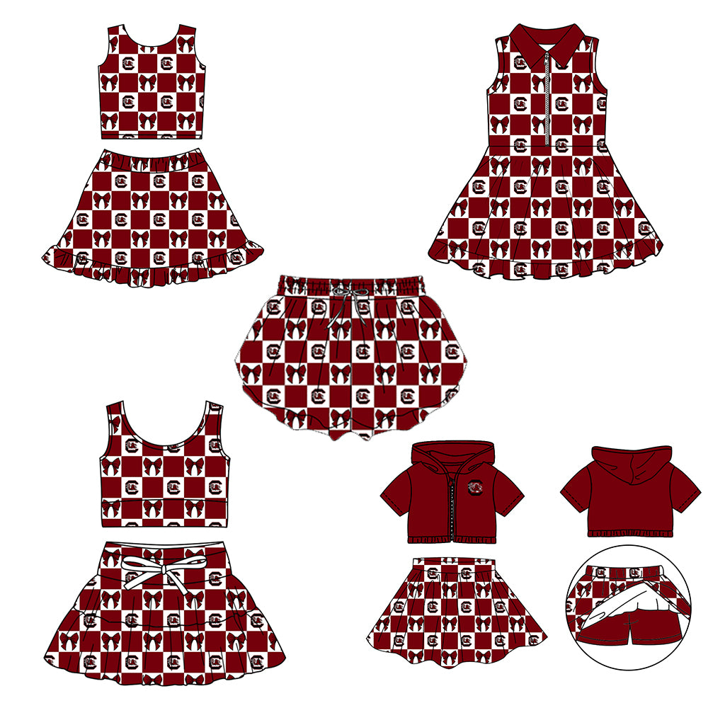 Custom Milk Silk Order MOQ:3 or 5 pcs Each Design Team State Girl Summer Bow Dark red Sleeveless Skirts Sets 3 and dress and shorts-26.1.20