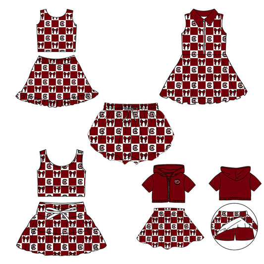 Custom Milk Silk Order MOQ:3 or 5 pcs Each Design Team State Girl Summer Bow Dark red Sleeveless Skirts Sets 3 and dress and shorts-26.1.20