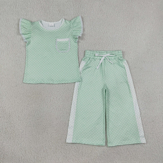 GSPO2332 Kids Clothing Baby Girls Light Green Polka Dots Pocket Top Flare Pant Clothes Sets
