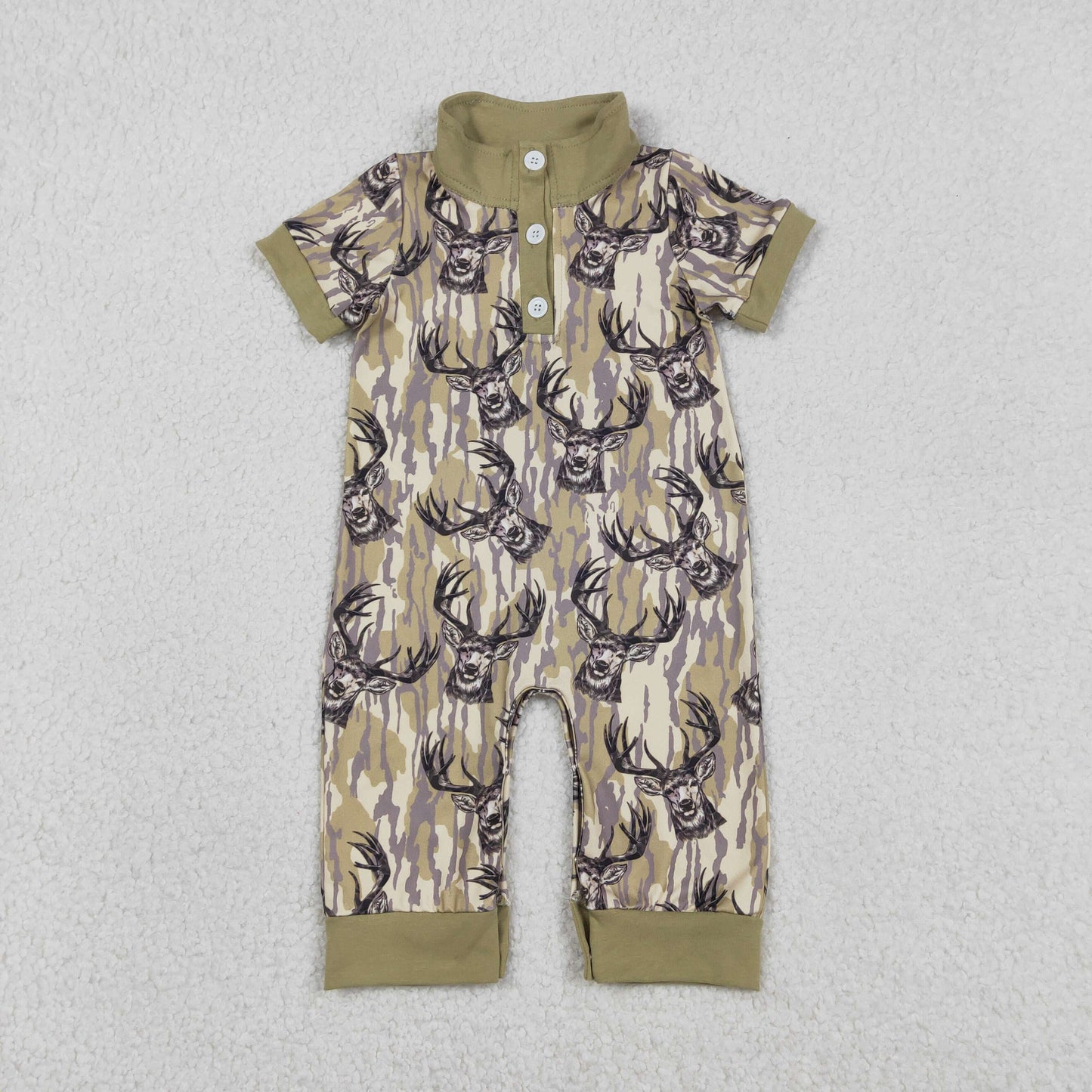 RTS NO MOQ（In Stock) SR3635 Green Camouflage Button-Down Short-Sleeve Jumpsuit with Reindeer Bow Pattern