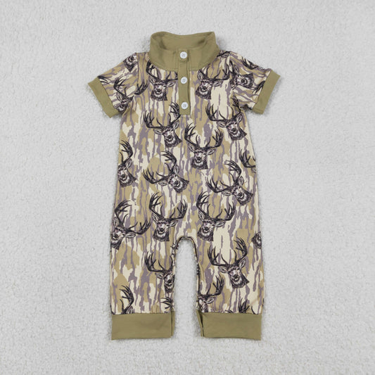 RTS NO MOQ(In Stock) SR3635 Green Camouflage Button-Down Short-Sleeve Jumpsuit with Reindeer Bow Pattern