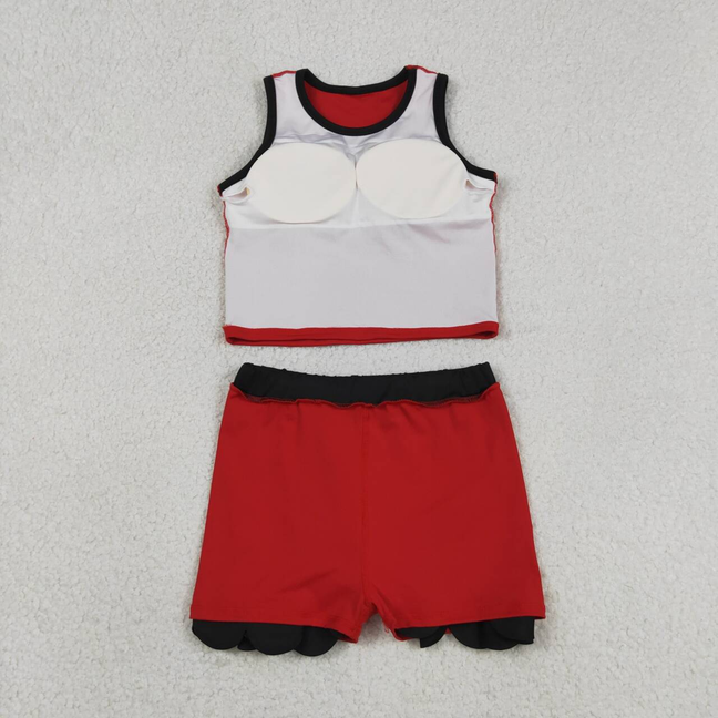 GSD4028 Kids Baby Girls Sleeveless Red Black Vest Scallop Skirt Short Yoga Active Clothes Set