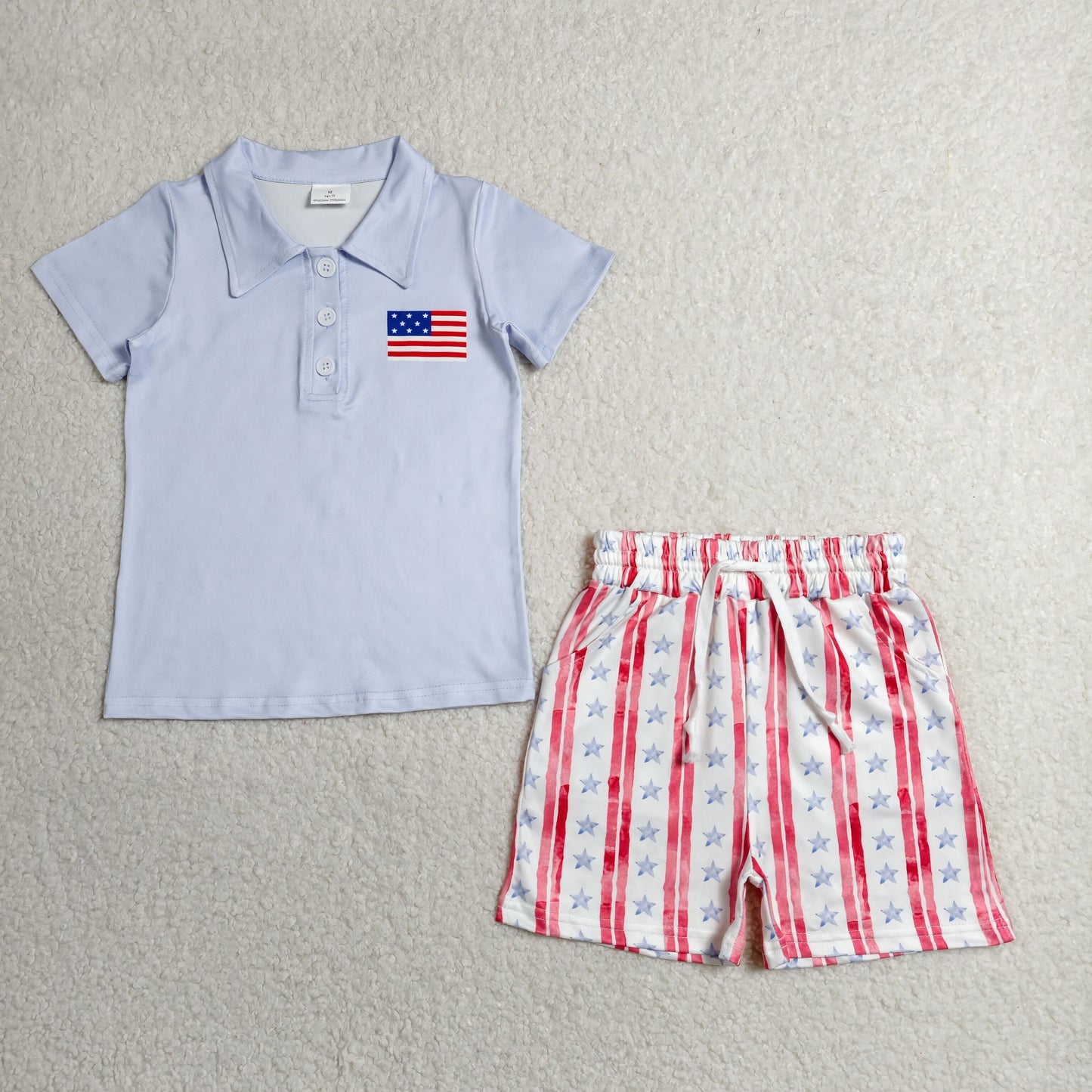 BSSO1480 Kids Baby Boys Flag Button Polo Shirt Top Pockets Stripe Short 4th Of July Clothes Set