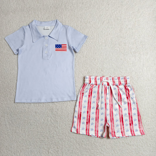 BSSO1480 Kids Baby Boys Flag Button Polo Shirt Top Pockets Stripe Short 4th Of July Clothes Set