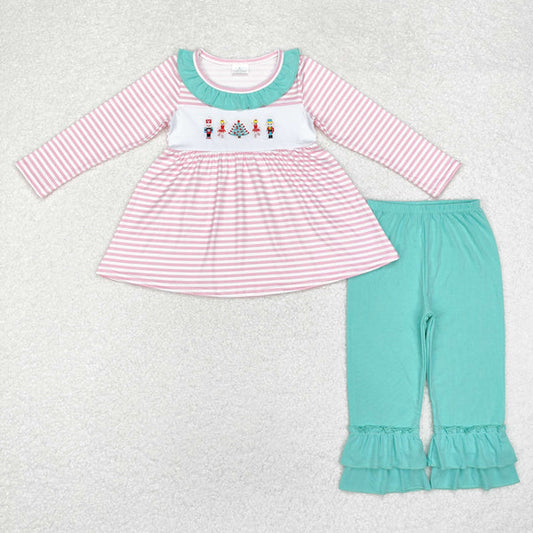 GLP1455 Baby Girls Embroidery Pink Stripes Soldier Tunic Ruffle Pants Clothes Set