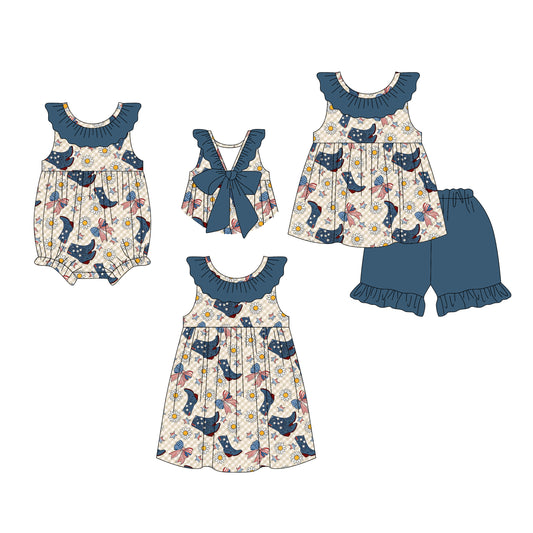 26.1.2 Custom MOQ:3 or 5 pcs each design milk silk Sibling baby girl clothes boot bow flag short sleeve shorts sets and dress and romper
