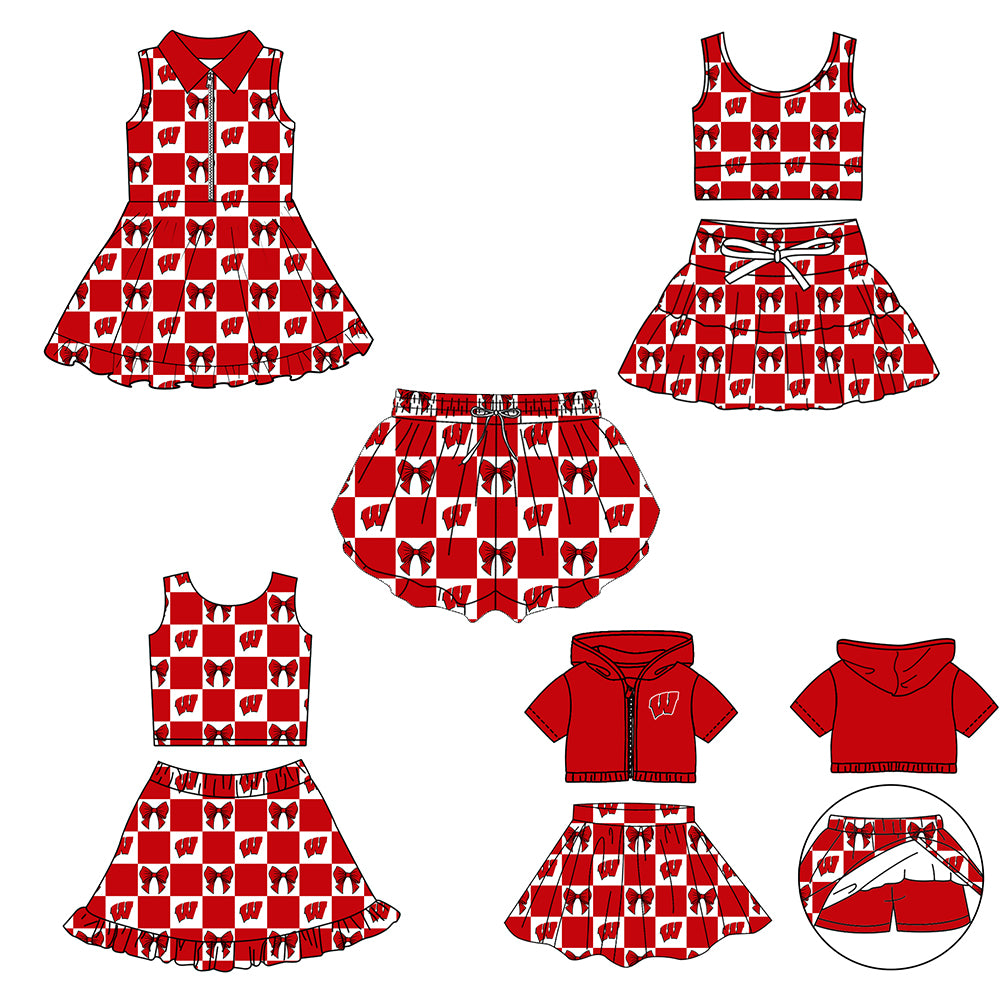 Custom Milk Silk Order MOQ:3 or 5 pcs Each Design Team State Girl Summer Bow Red Sleeveless Skirts Sets 3 and dress and shorts-26.1.23