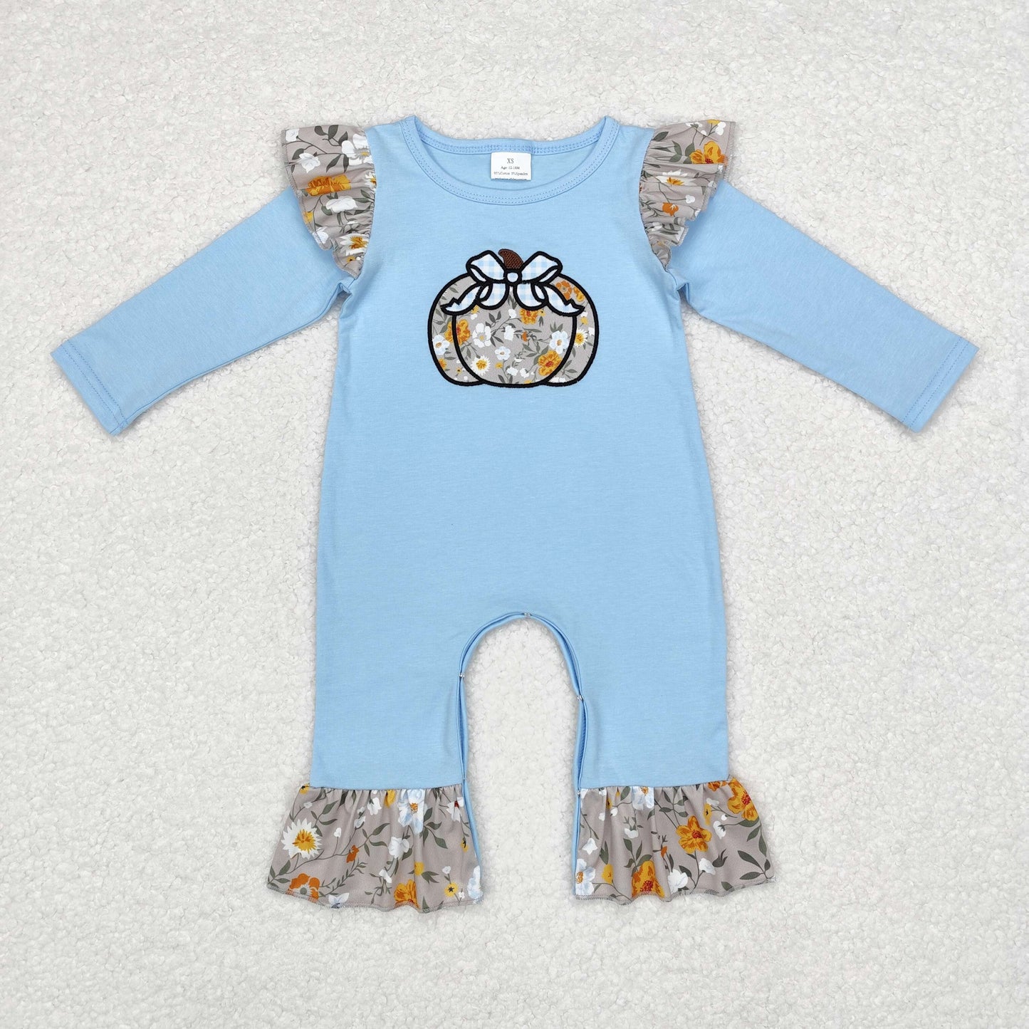 LR1529 Embroidered bow pumpkin flower lace blue long-sleeved onesie