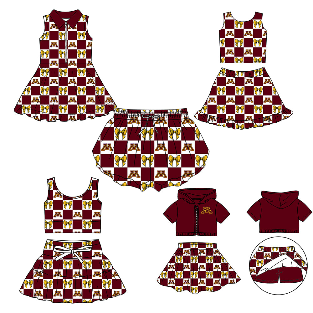 Custom Milk Silk Order MOQ:3 or 5 pcs Each Design Team State Girl Summer Bow Brick Red Sleeveless Skirts Sets 3 and dress and shorts-26.1.22