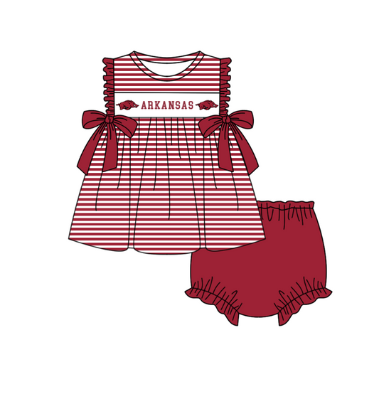 1.29 Custom Order Moq 3 Baby Girl Arkansas Bows Stripe Tunic Top Bummies Team Clothes Sets