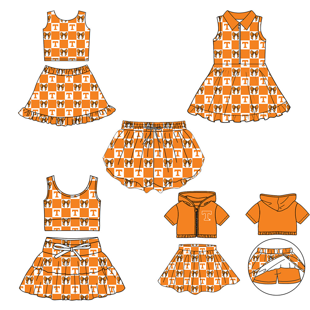 Custom Milk Silk Order MOQ:3 or 5 pcs Each Design Team State Girl Summer Bow Orange Sleeveless Skirts Sets 3 and dress and shorts-26.1.20
