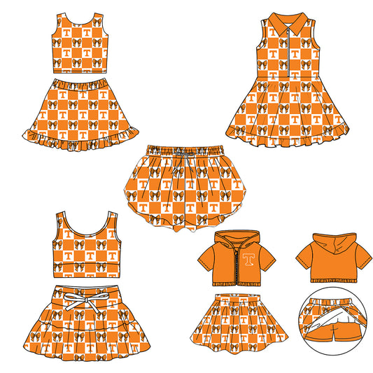Custom Milk Silk Order MOQ:3 or 5 pcs Each Design Team State Girl Summer Bow Orange Sleeveless Skirts Sets 3 and dress and shorts-26.1.20