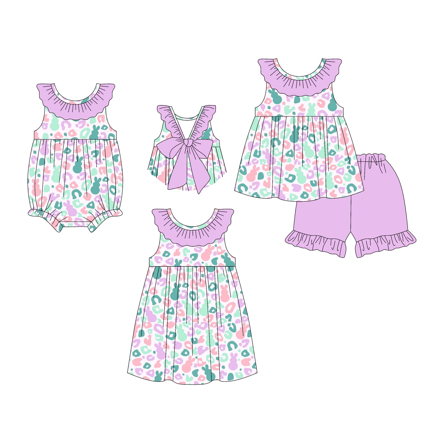26.1.5 Custom MOQ:3 or 5 pcs each design milk silk Sibling baby girl clothes easter leopard short sleeve shorts sets and dress and romper