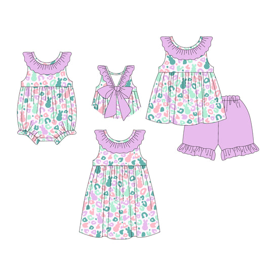 26.1.5 Custom MOQ:3 or 5 pcs each design milk silk Sibling baby girl clothes easter leopard short sleeve shorts sets and dress and romper