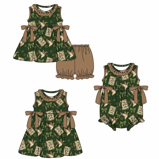 26.1.15 Custom MOQ:3 or 5 pcs each design milk silk Sibling baby girl clothes camouflage duck short sleeve shorts sets and dress and romper