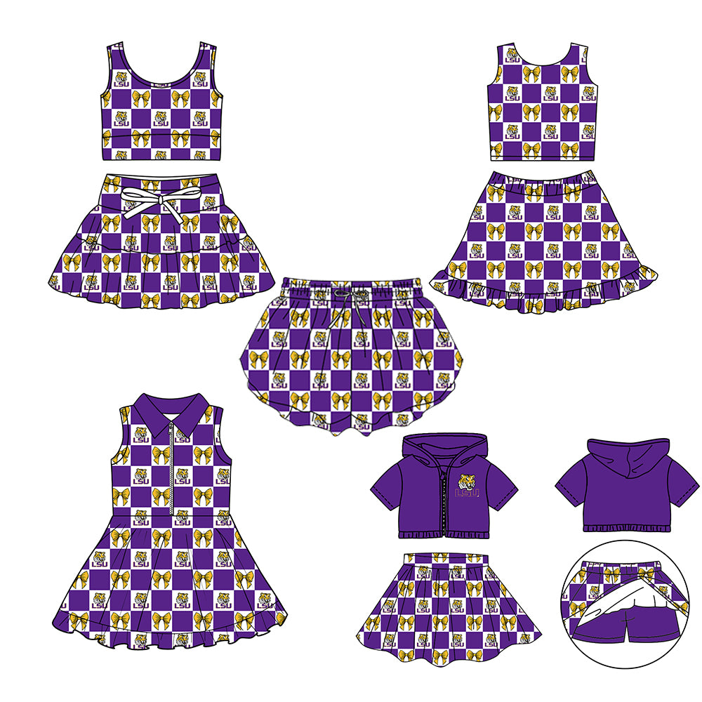 Custom Milk Silk Order MOQ:3 or 5 pcs Each Design Team State Girl Summer Bow Purple Sleeveless Skirts Sets 3 and dress and shorts-26.1.19
