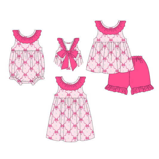 26.1.9 Custom MOQ:3 or 5 pcs each design milk silk Sibling baby girl clothes bow short sleeve shorts sets and dress and romper