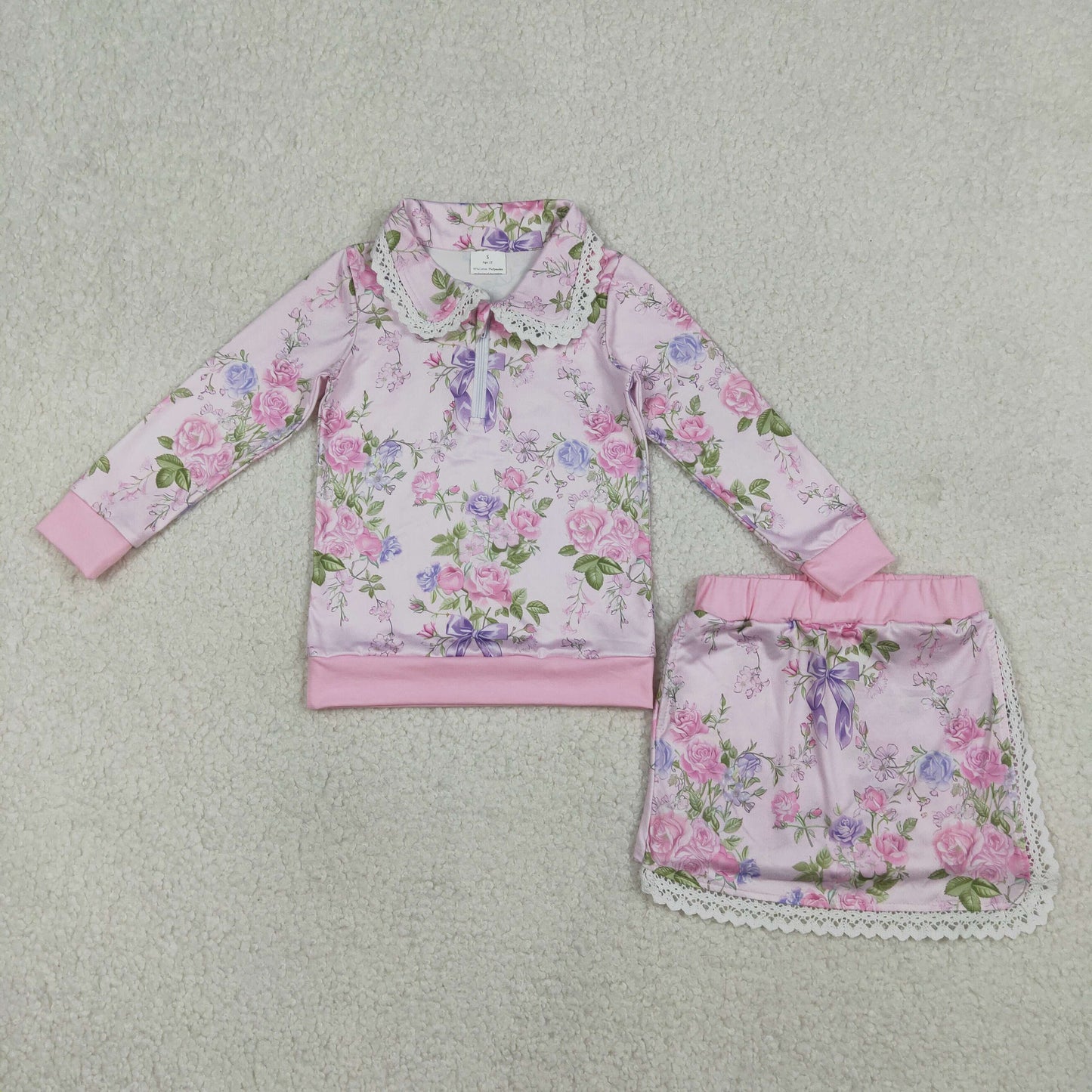 RTS NO MOQ（In Stock) GLD1572 Pink Zipper Long-Sleeve Midi Skirt Set with Floral and Leaf Peter Pan Collar