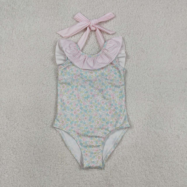 S0732 Kids Baby Girls Stripe Bow Flutter Sleeve Colorful Flowers Swimming Swimsuits