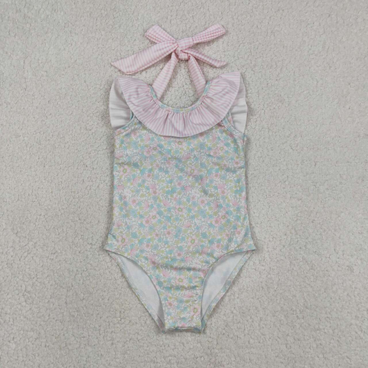 S0732 Kids Baby Girls Stripe Bow Flutter Sleeve Colorful Flowers Swimming Swimsuits