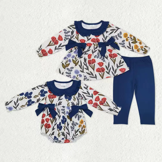 Sibling Baby Girls clothes floral long sleeve pants Sets and romper