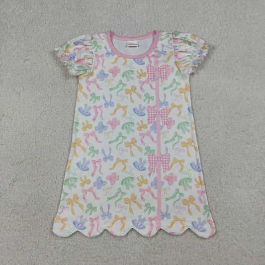GSD3245 Kids Baby Girl Colorful Bows Button Scallop Knee Length Dresses