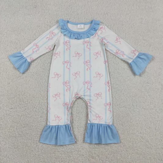 RTS NO MOQ(In Stock) Pink Bow Pattern Blue Striped White Long-Sleeve Jumpsuit