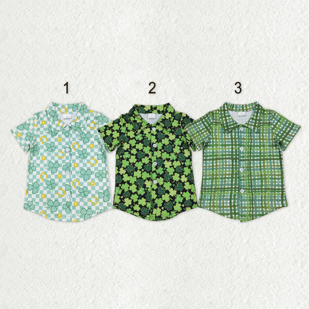 Sibling baby boys clothes St. Patrick's Four Leaf Clover green button short sleeve tops
