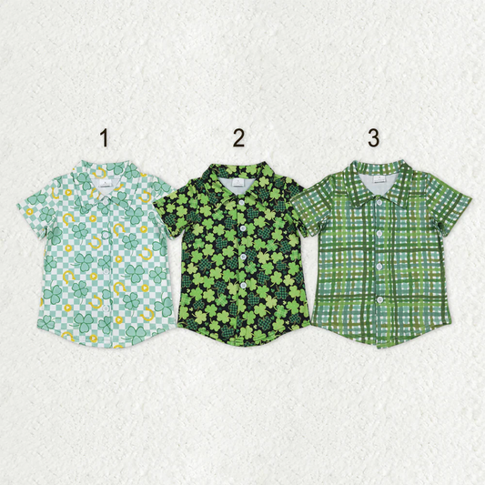 Sibling baby boys clothes St. Patrick's Four Leaf Clover green button short sleeve tops