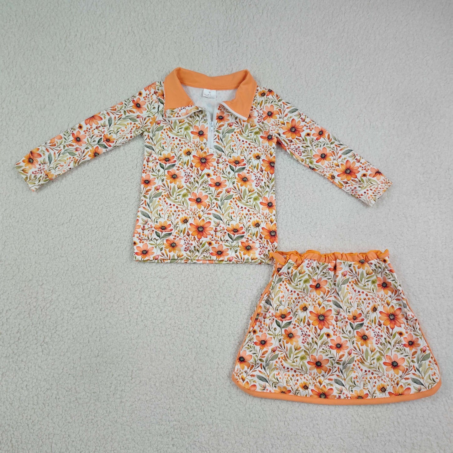 GLD1606 Kids Clothing Baby Girls Long Sleeve Flowers Zip Pullovers Skirt Short Fall Clothes Sets