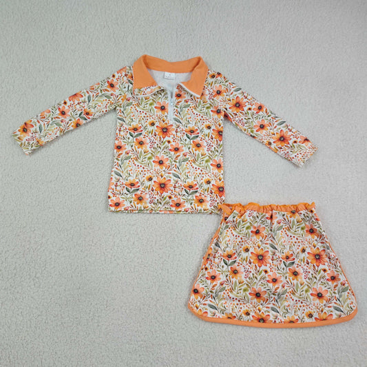 GLD1606 Kids Clothing Baby Girls Long Sleeve Flowers Zip Pullovers Skirt Short Fall Clothes Sets