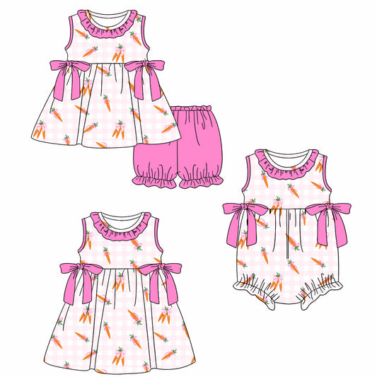26.1.14 Custom MOQ:3 or 5 pcs each design milk silk Sibling baby girl clothes carrot short sleeve shorts sets and dress and romper